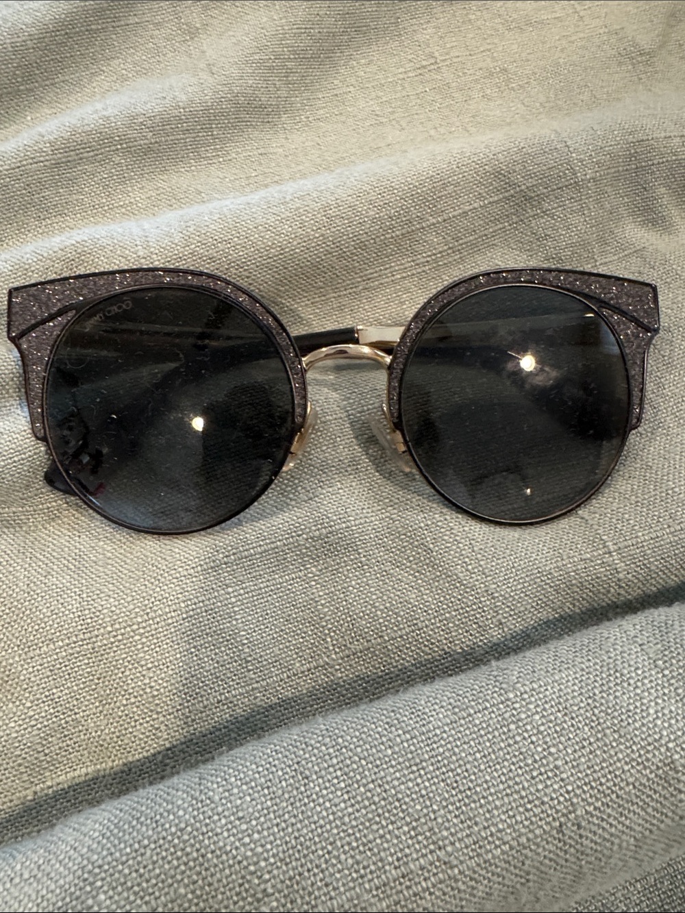 Jimmy Choo Black Glitter Round Sunglasses with Gold Bridge